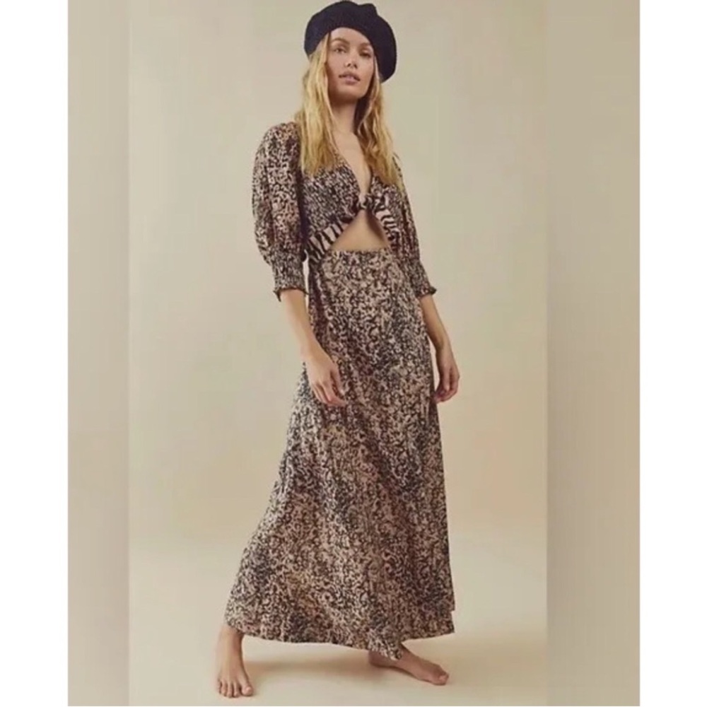 Free People String Of Hearts Puffy Sleeve Animal Print Maxi Dress